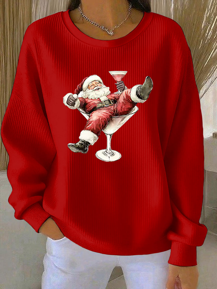 Women’s Santa Claus and wine glass Print Ribbed Round-Neck Sweatshirt Red / S