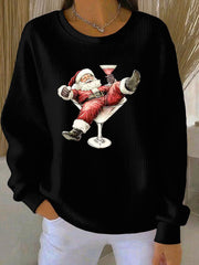 Women’s Santa Claus and wine glass Print Ribbed Round-Neck Sweatshirt Black / S