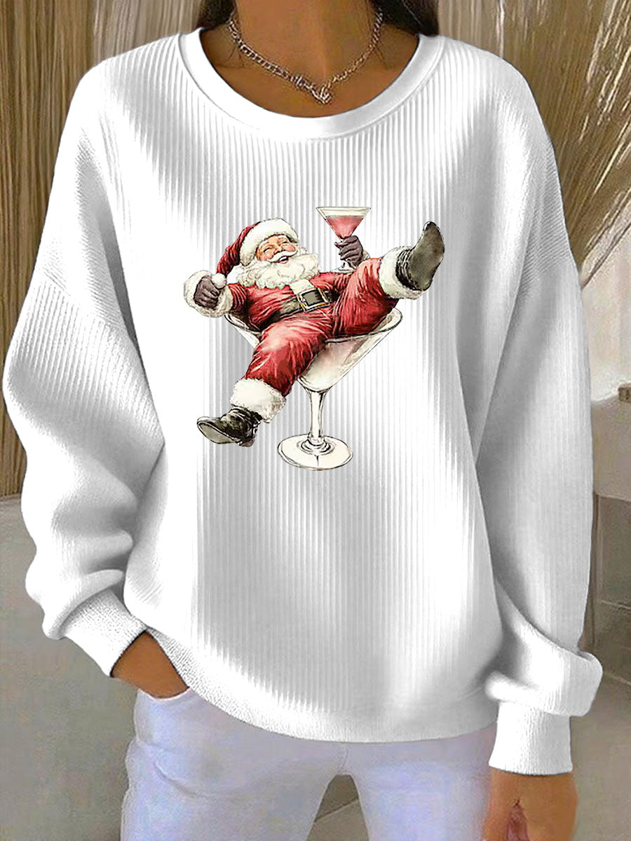 Women’s Santa Claus and wine glass Print Ribbed Round-Neck Sweatshirt White / S