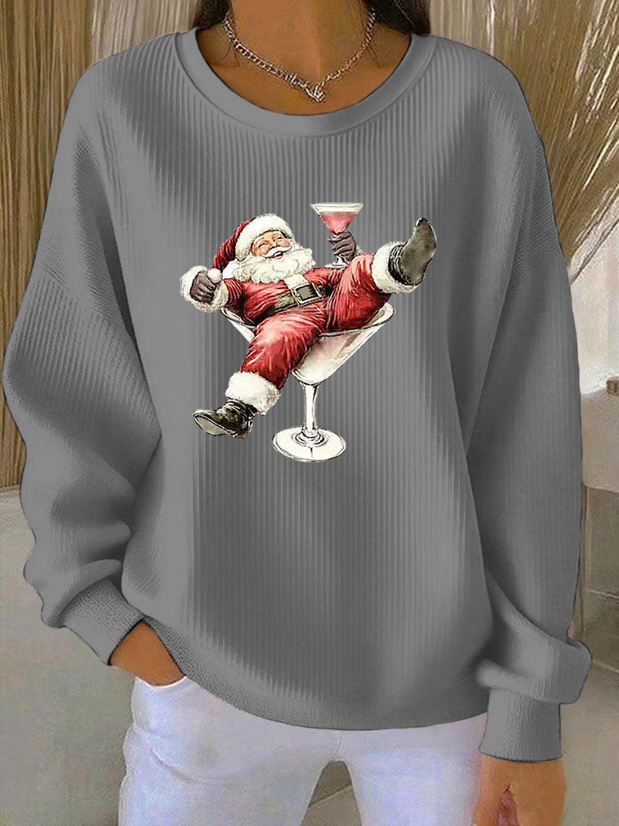 Women’s Santa Claus and wine glass Print Ribbed Round-Neck Sweatshirt Gray / S