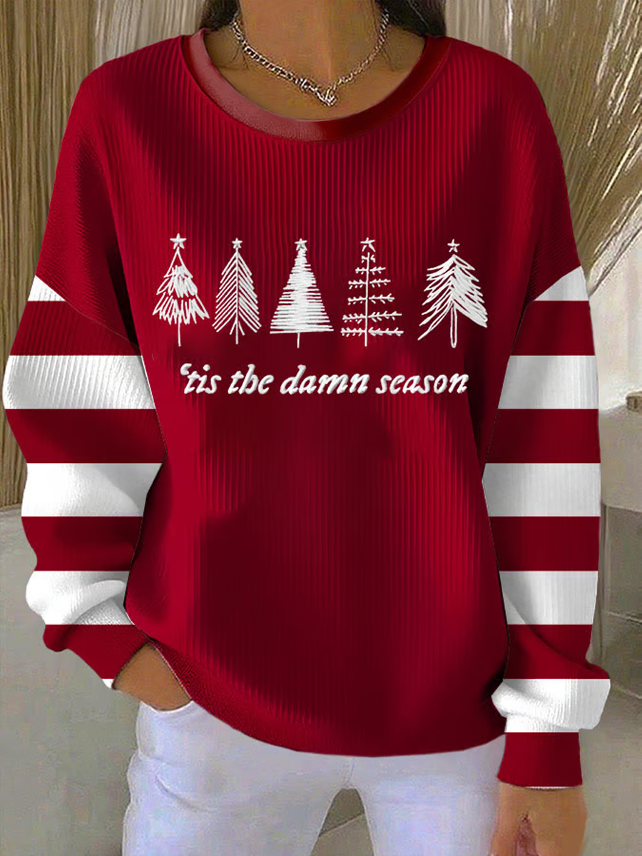 Women’s Christmas tree Print Ribbed Round-Neck Sweatshirt Red / S
