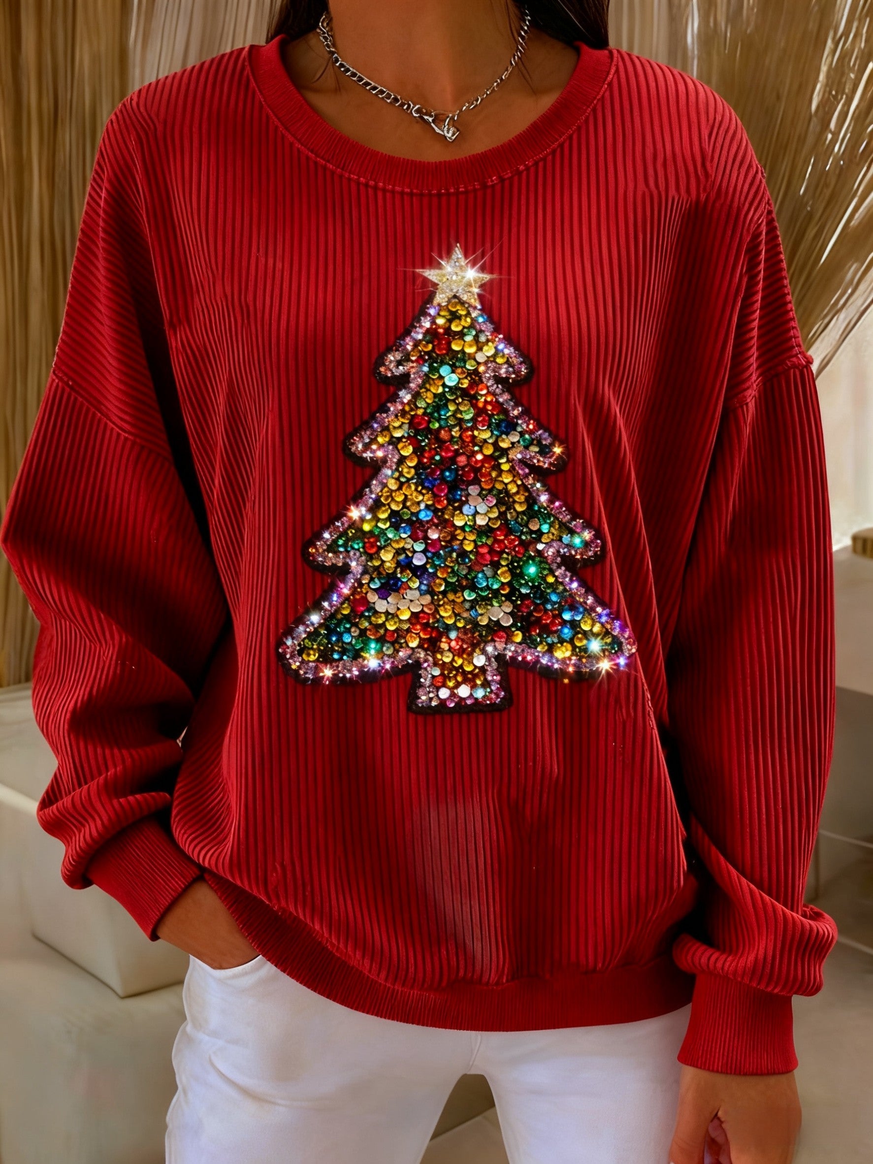 Retro Christmas Tree Colourful Sequins Loose Long Sleeved Sweatshirt Red / S