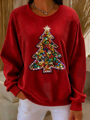 Retro Christmas Tree Colourful Sequins Loose Long Sleeved Sweatshirt Red / S