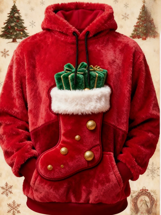 Retro Christmas Stocking Gifts  Print Fleece Pocket Hooded Sweatshirt