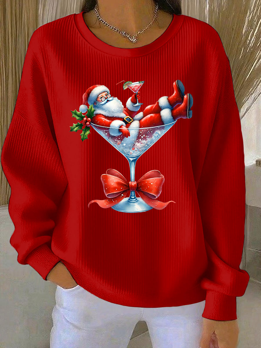 Women’s Santa Claus and wine glass Print Ribbed Round-Neck Sweatshirt Red / S