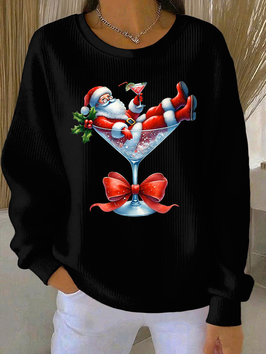 Women’s Santa Claus and wine glass Print Ribbed Round-Neck Sweatshirt Black / S