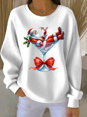 Women’s Santa Claus and wine glass Print Ribbed Round-Neck Sweatshirt White / S