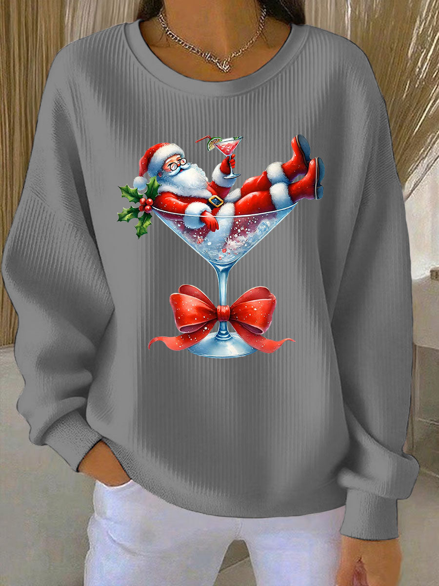 Women’s Santa Claus and wine glass Print Ribbed Round-Neck Sweatshirt Gray / S