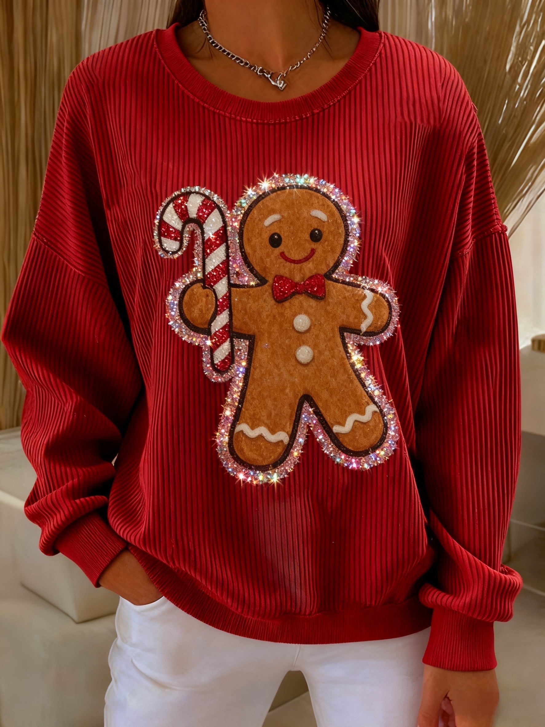 Vintage Christmas Gingerbread Man Sequins Loose Long Sleeved Sweatshirt Red / S