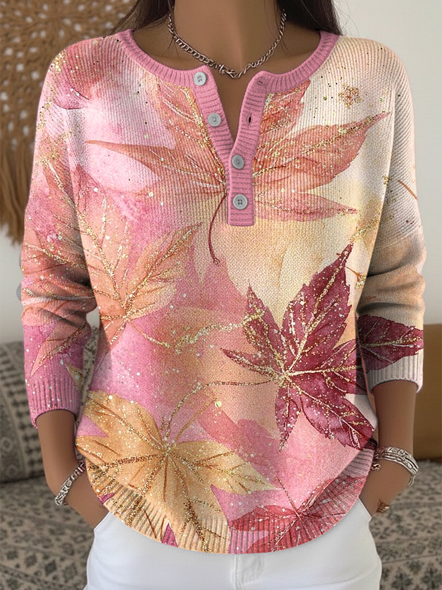 Women's Thanksgiving Abstract Maple Leaf Art V-Neck Top