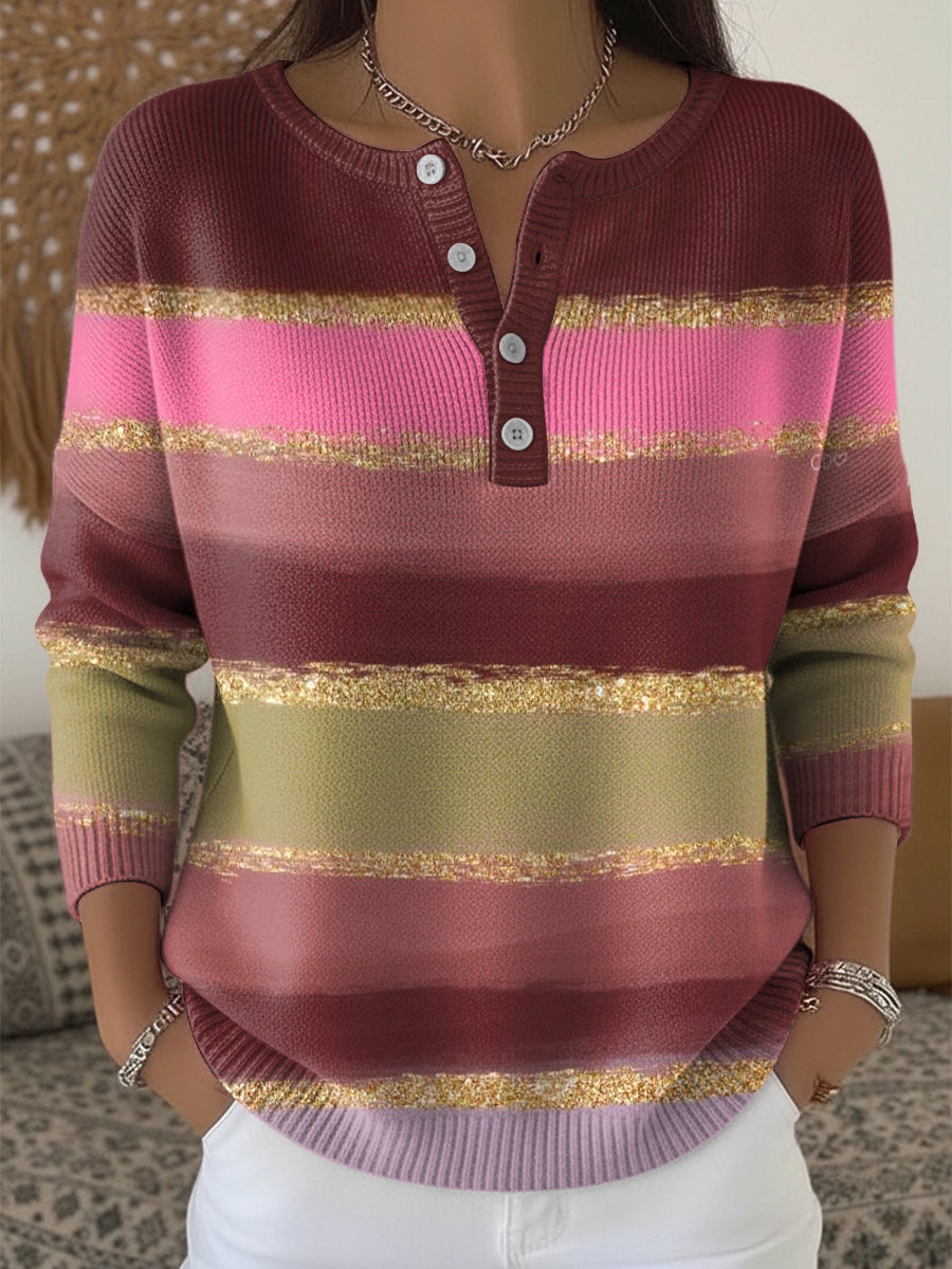 Women's Thanksgiving Striped Colorful Art V-Neck Top