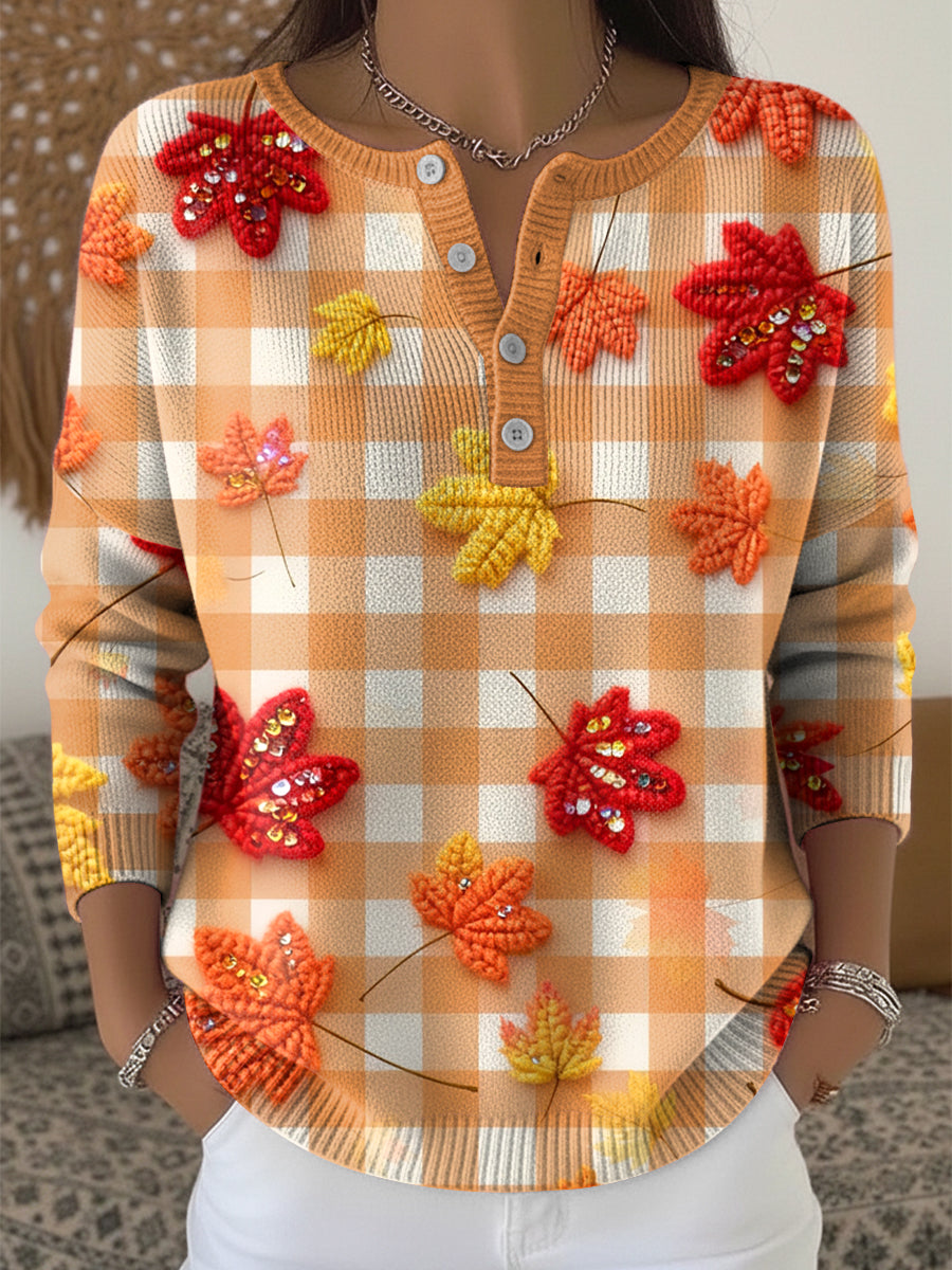 Women's Thanksgiving Houndstooth Maple Leaf Art V-Neck Top