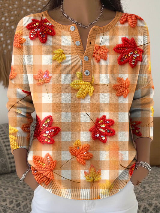 Women's Thanksgiving Houndstooth Maple Leaf Art V-Neck Top