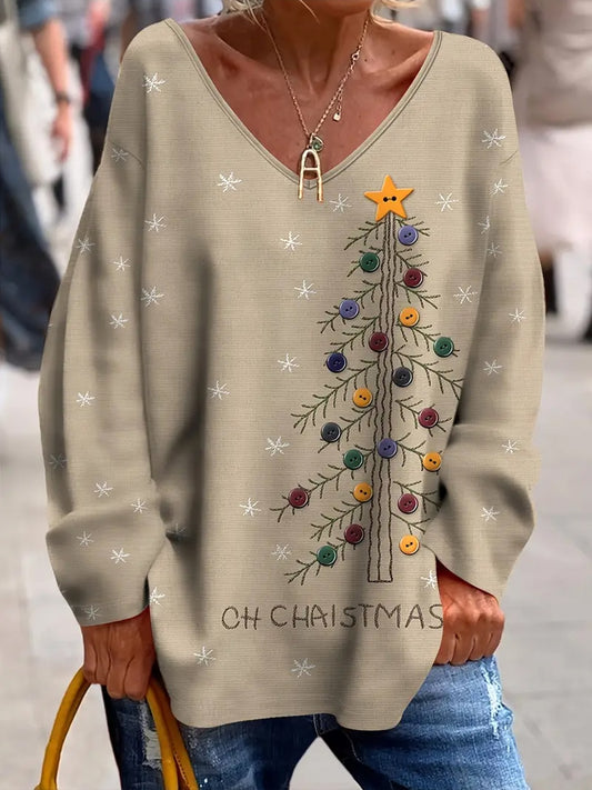 Women's Vintage Christmas Art Print Cozy Knit Top