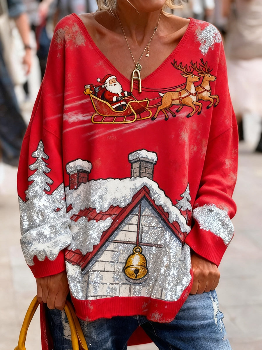 Women's Vintage Christmas Art Print Cozy Knit Top