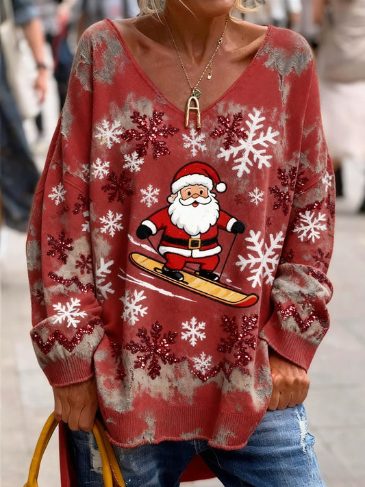 Women's Vintage Christmas Art Print Cozy Knit Top