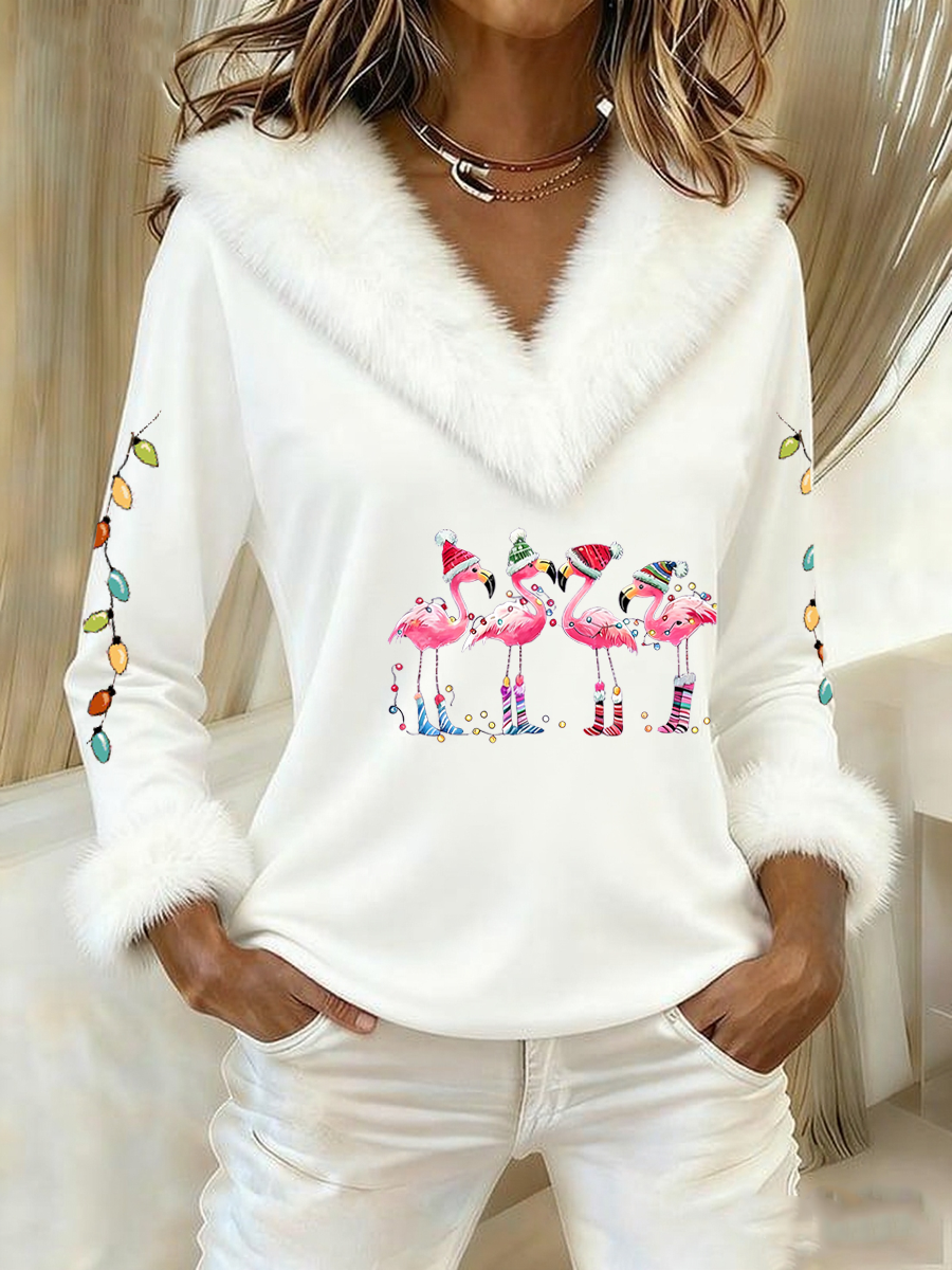 Women’s Casual Christmas Fur Collar Top White / S