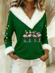 Women’s Casual Christmas Fur Collar Top Green / S