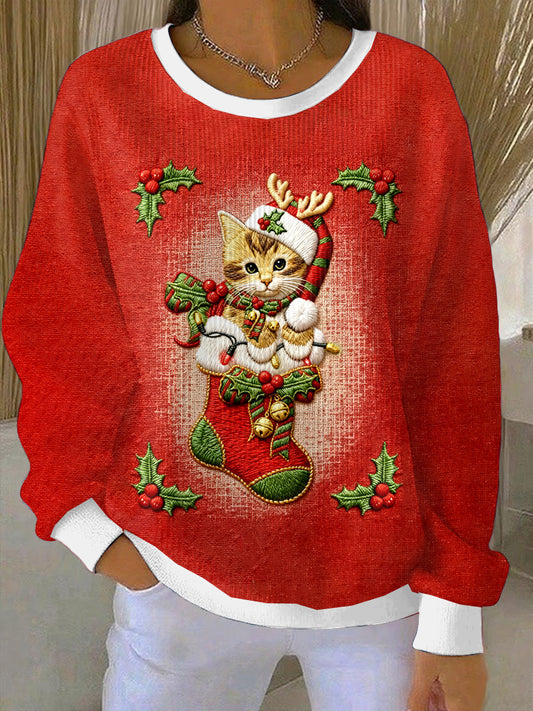 Women's Merry Christmas Kitten Loose-Fit Crewneck Pullover