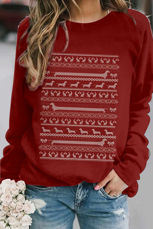 Women's Christmas Sausage Dog Printed Round Neck Raglan Sweatshirt