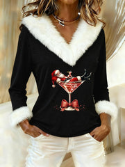 Women’s Casual Christmas Fur Collar Top Black / S