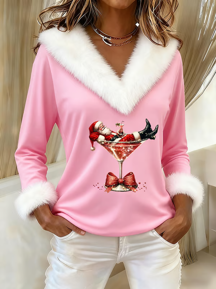 Women’s Casual Christmas Fur Collar Top Pink / S