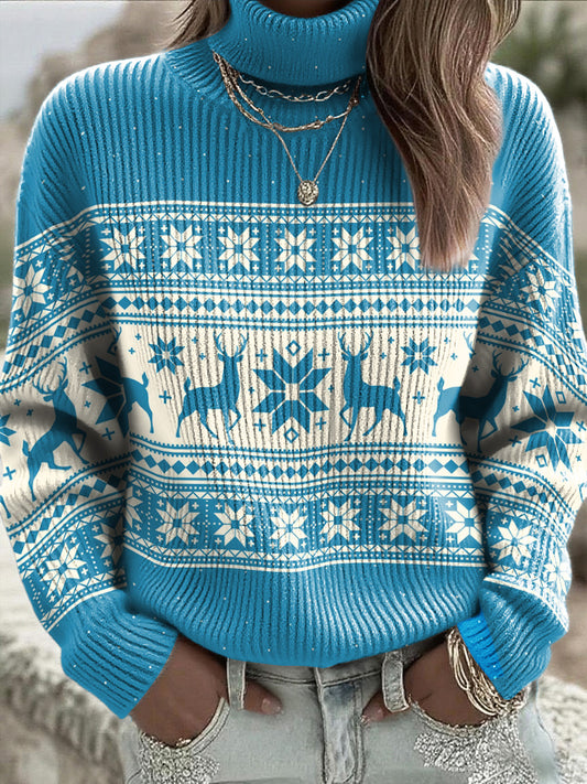 Women's Blue Christmas Reindeer Turtleneck Sweater