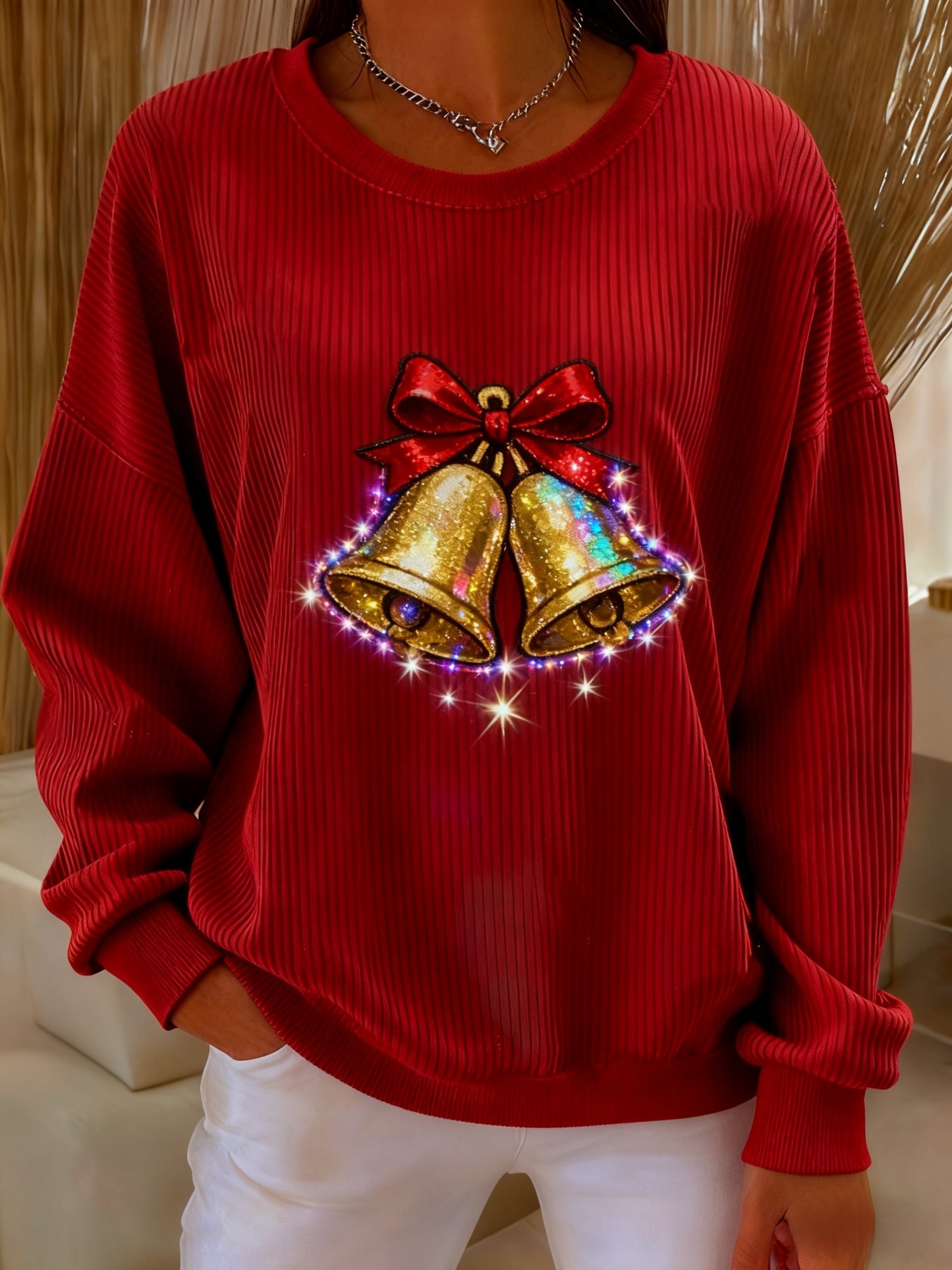 Vintage Christmas Sequined Bell Printed Casual Loose Long Sleeve Top