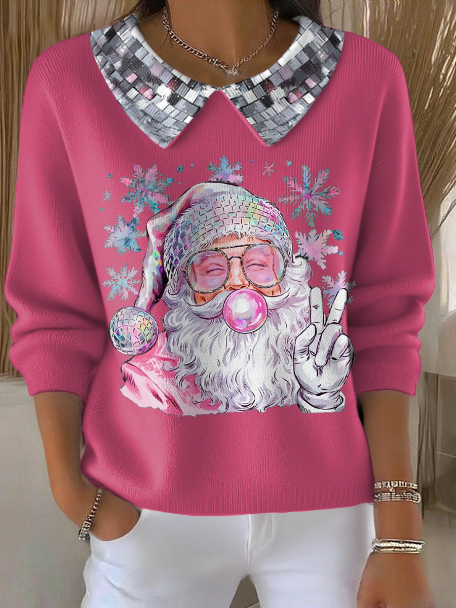 Women’s Funny Christmas Santa Art Printed Tops Rose Red / S