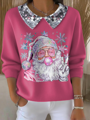 Women’s Funny Christmas Santa Art Printed Tops Rose Red / S