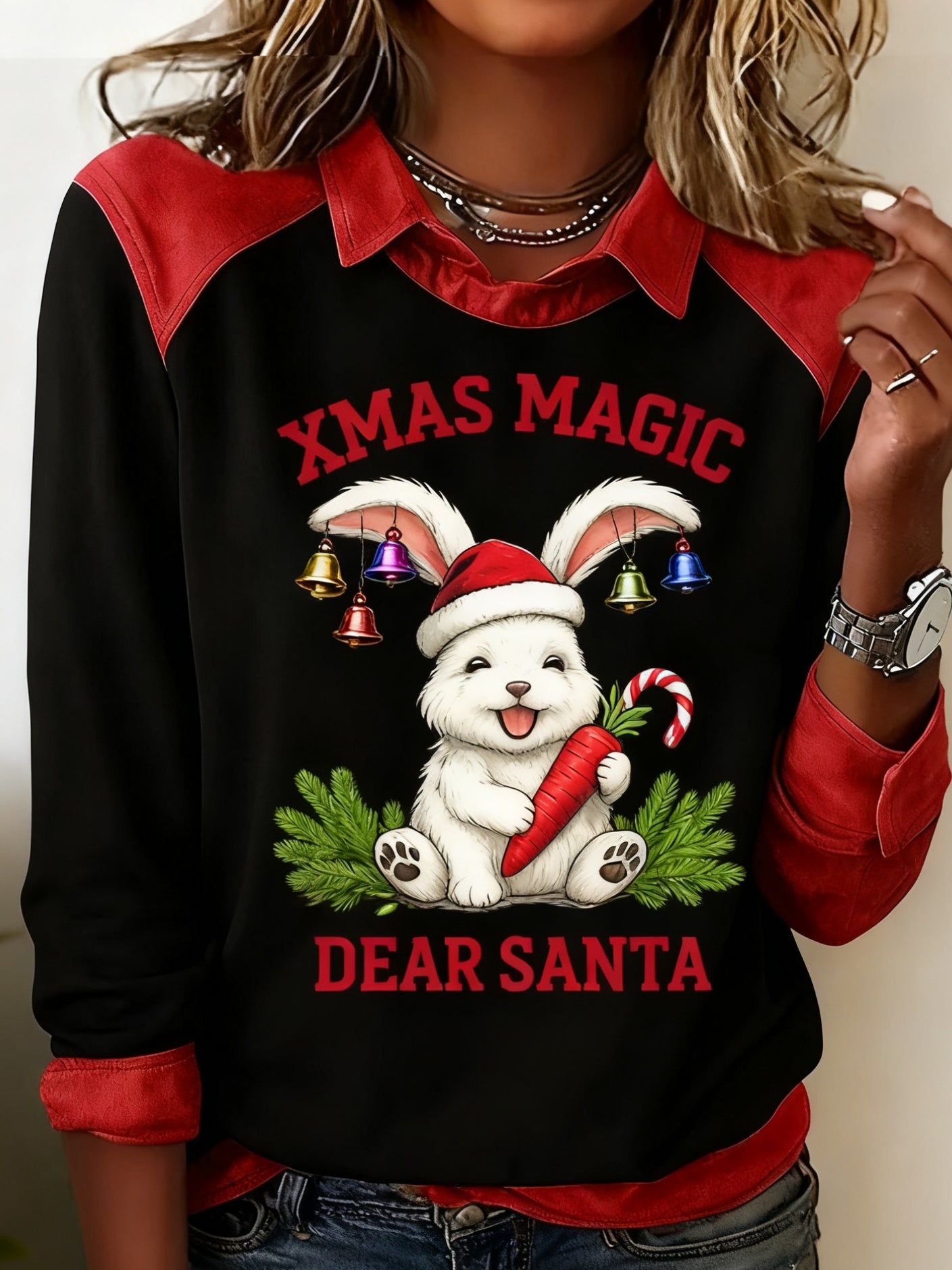 Women's  Retro Christmas Cute Rabbit Print Casual Top