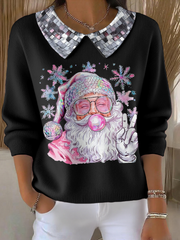 Women’s Funny Christmas Santa Art Printed Tops Black / S