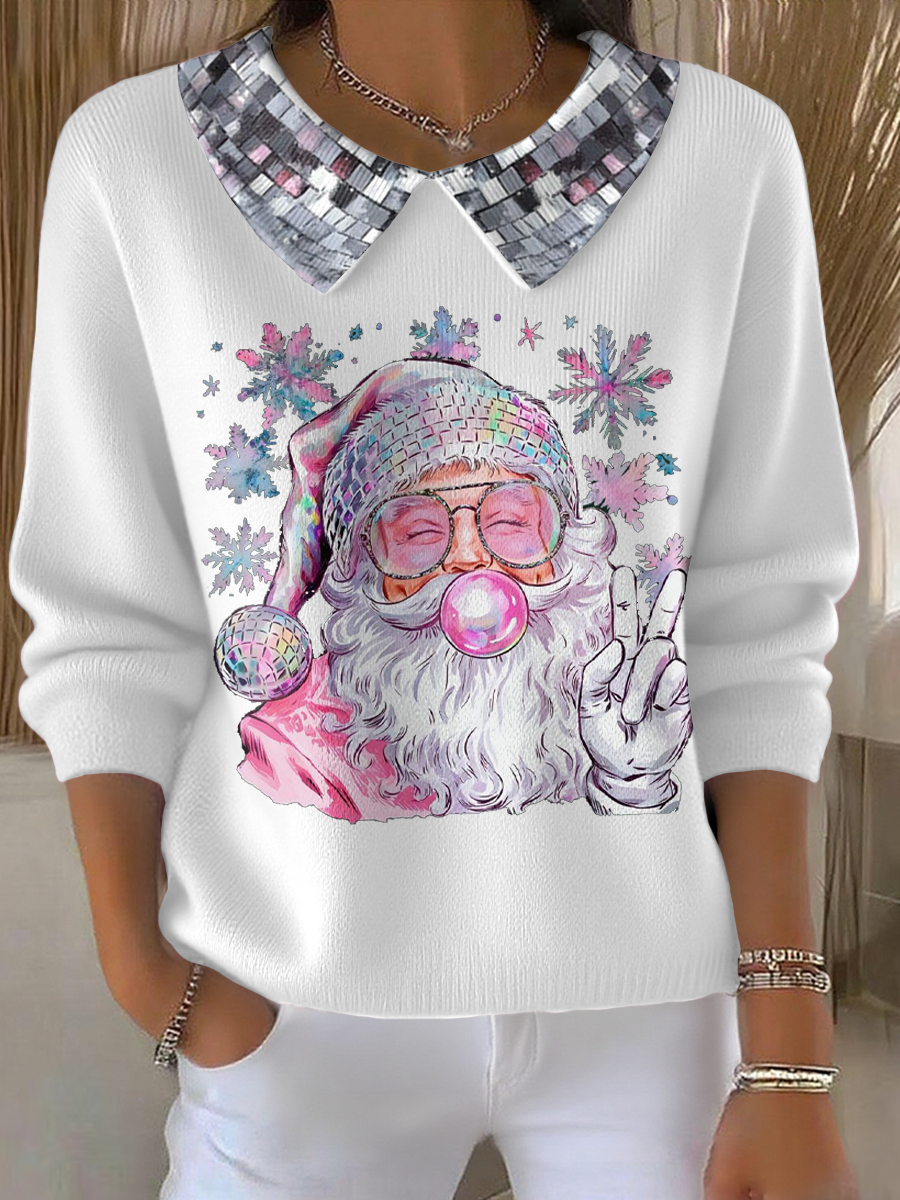 Women’s Funny Christmas Santa Art Printed Tops White / S