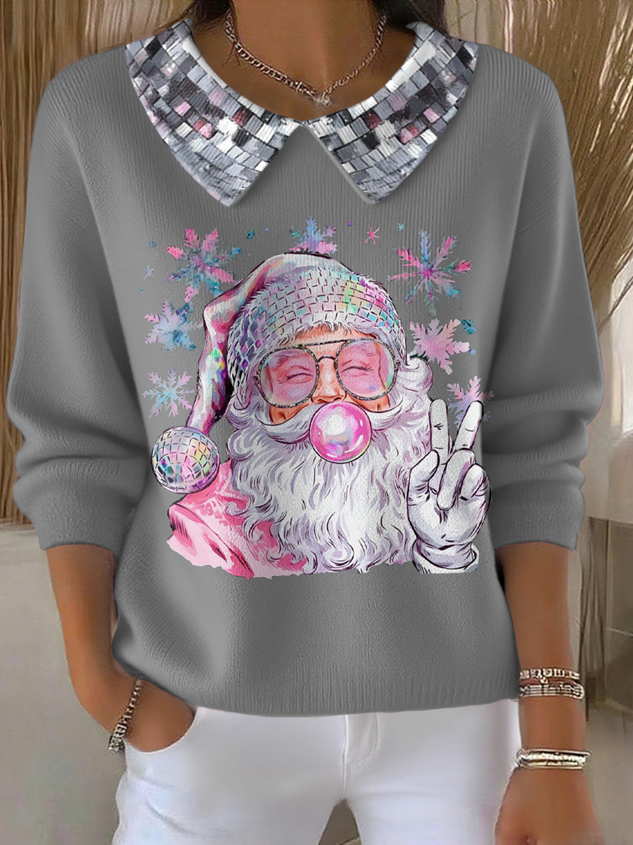 Women’s Funny Christmas Santa Art Printed Tops Light Gray / S