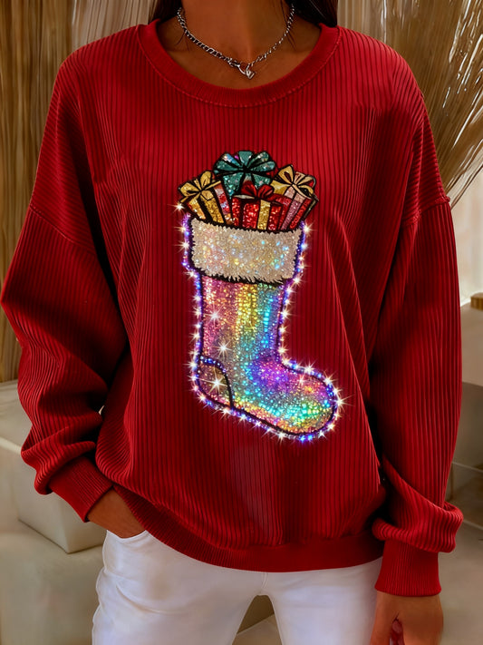 Retro Christmas Sequin Stockings Printed Casual Loose Long Sleeve Top