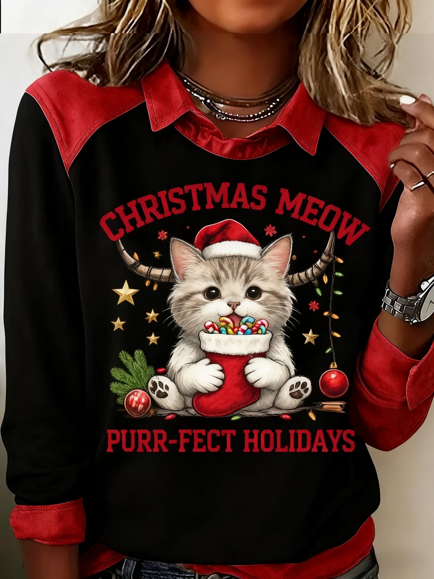 Women's  Retro Christmas Cute Cat Print Casual Top