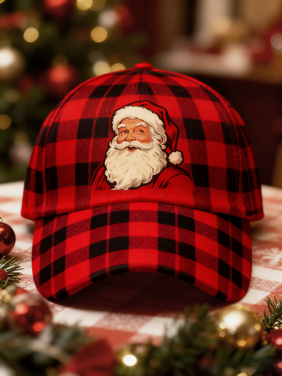 Unisex Vintage Santa Claus Christmas Red Plaid Print Hat Picture 2 / ONE