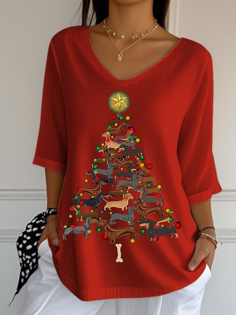Women's Christmas Dachshund Christmas Tree V-Neck Half-Sleeve T-Shirt