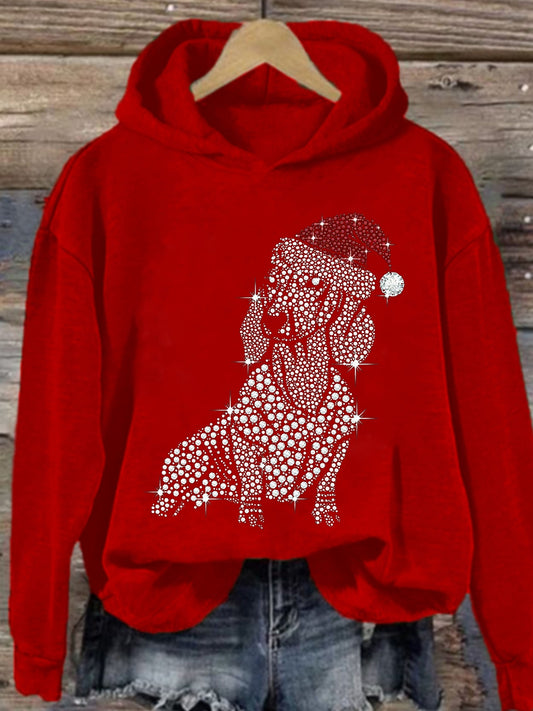 Women's Christmas Dachshund Rhinestone Hooded Sweatshirt