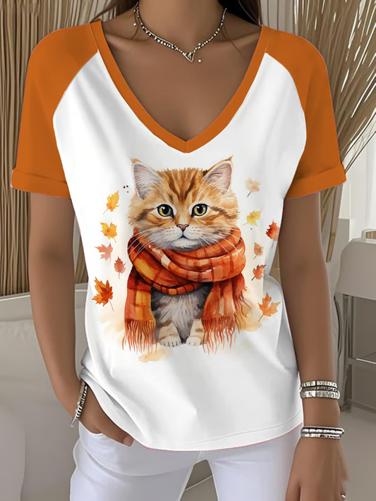 Women's autumn cat V-neck off-shoulder short-sleeved T-shirt