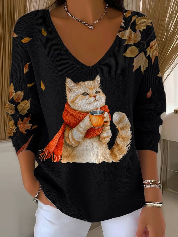 Women's  autumn cat V-Neck Ribbed Top