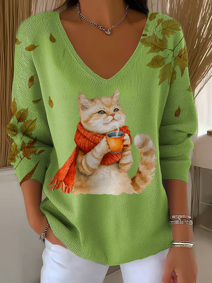 Women's  autumn cat V-Neck Ribbed Top