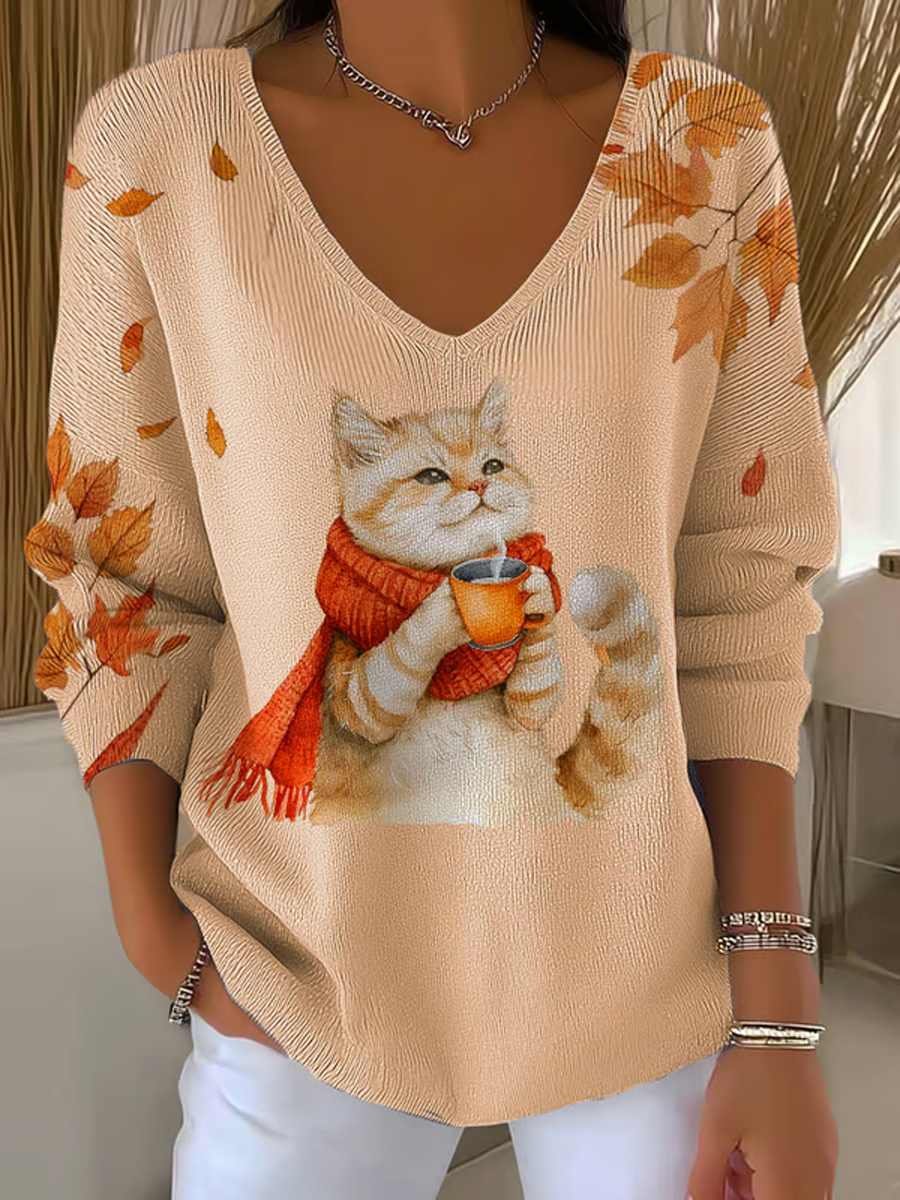 Women's  autumn cat V-Neck Ribbed Top