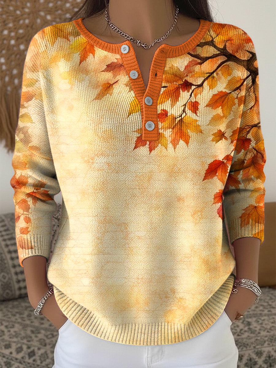 Women's Thanksgiving Abstract Maple Leaf Texture Art V-Neck Top