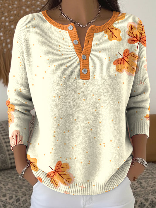 Women's Thanksgiving Abstract Autumn Leaf Art V-Neck Top