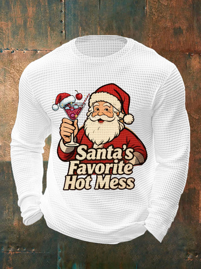 Men's Funny Christmas Santa's Favorite Hot Mess Casual Waffle Long Sleeve Top