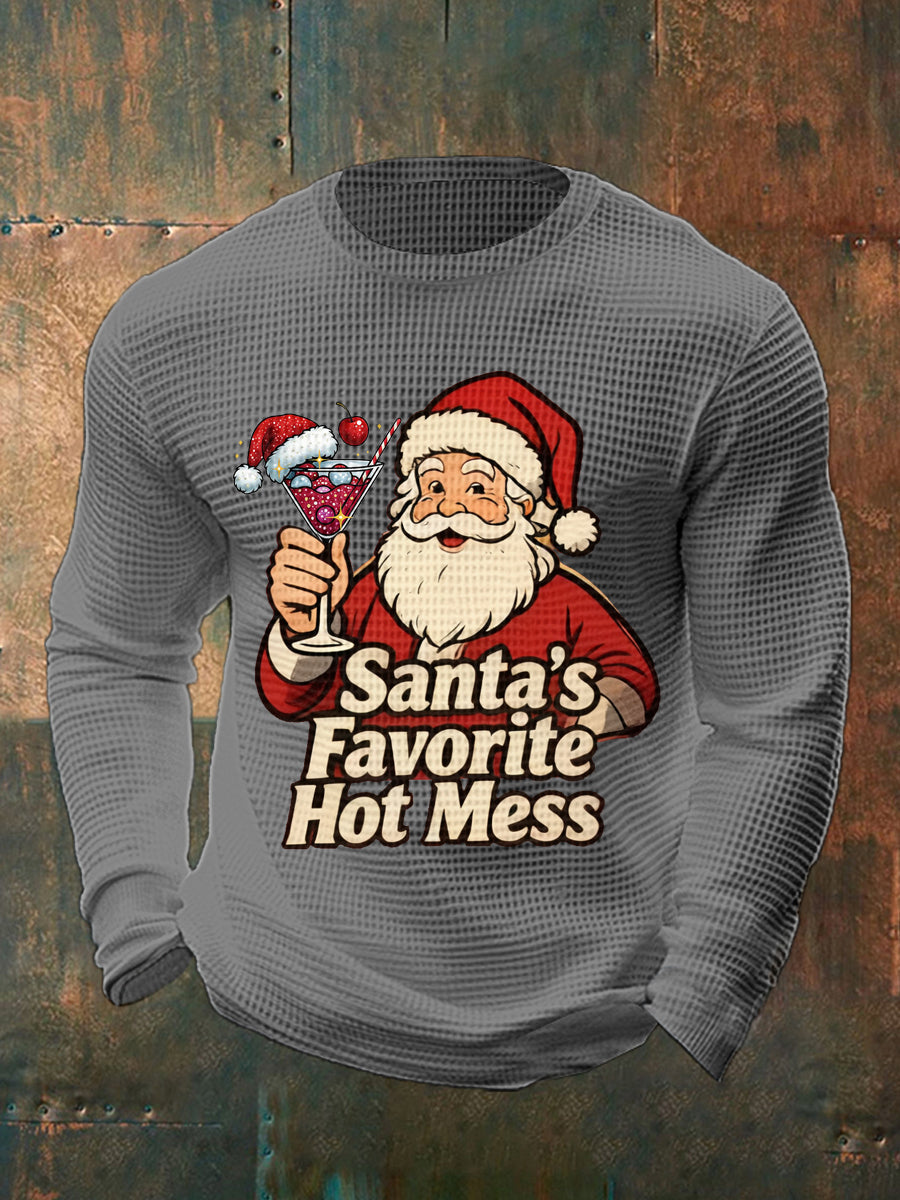 Men's Funny Christmas Santa's Favorite Hot Mess Casual Waffle Long Sleeve Top