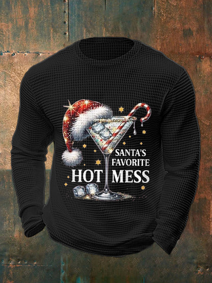 Men's Funny Christmas Santa's Favorite Hot Mess Casual Waffle Long Sleeve Top