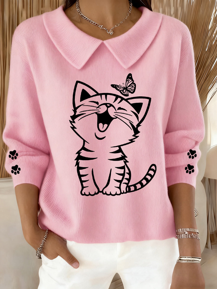 Women’s Cute Cat Print Cat Lovers Cat Mom Gift Casual Baby Doll Collar Top Pink / S