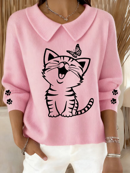 Women's Cute Cat Print Cat Lovers Cat Mom Gift Casual Baby Doll Collar Top